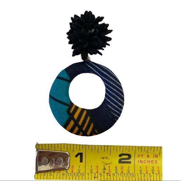 Handmade Ankara Fabric Hoop Earrings with Black Pom Pom Top - Picture 5 of 8